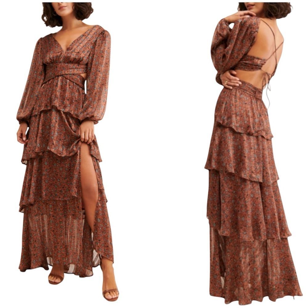 Astr Anora Tiered Maxi Dress Copper Black Ditzy Floral Long Sleeves Size XS